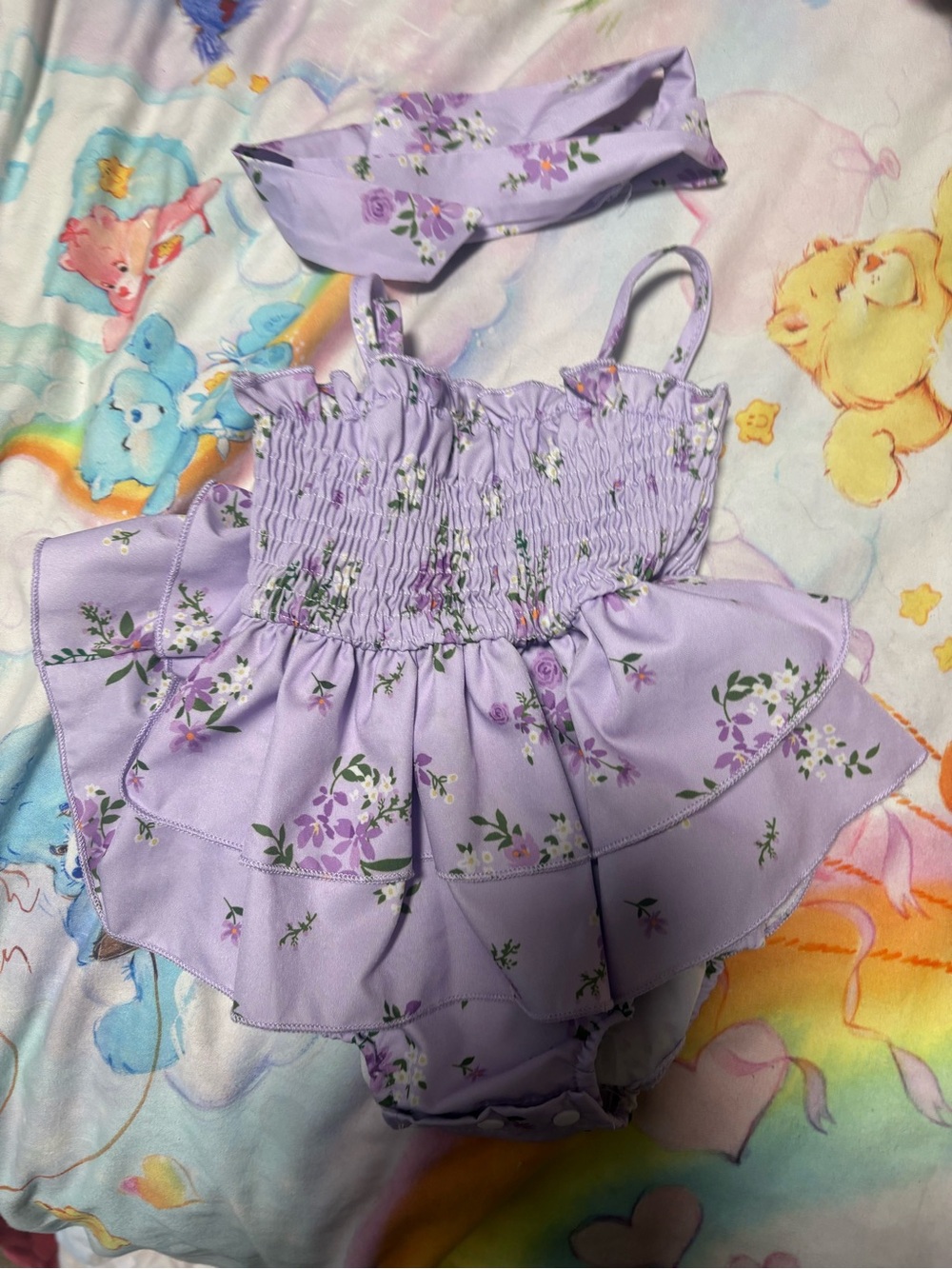 7/ $30 Lavender Floral Smocked Ruffle Baby Romper with Headband